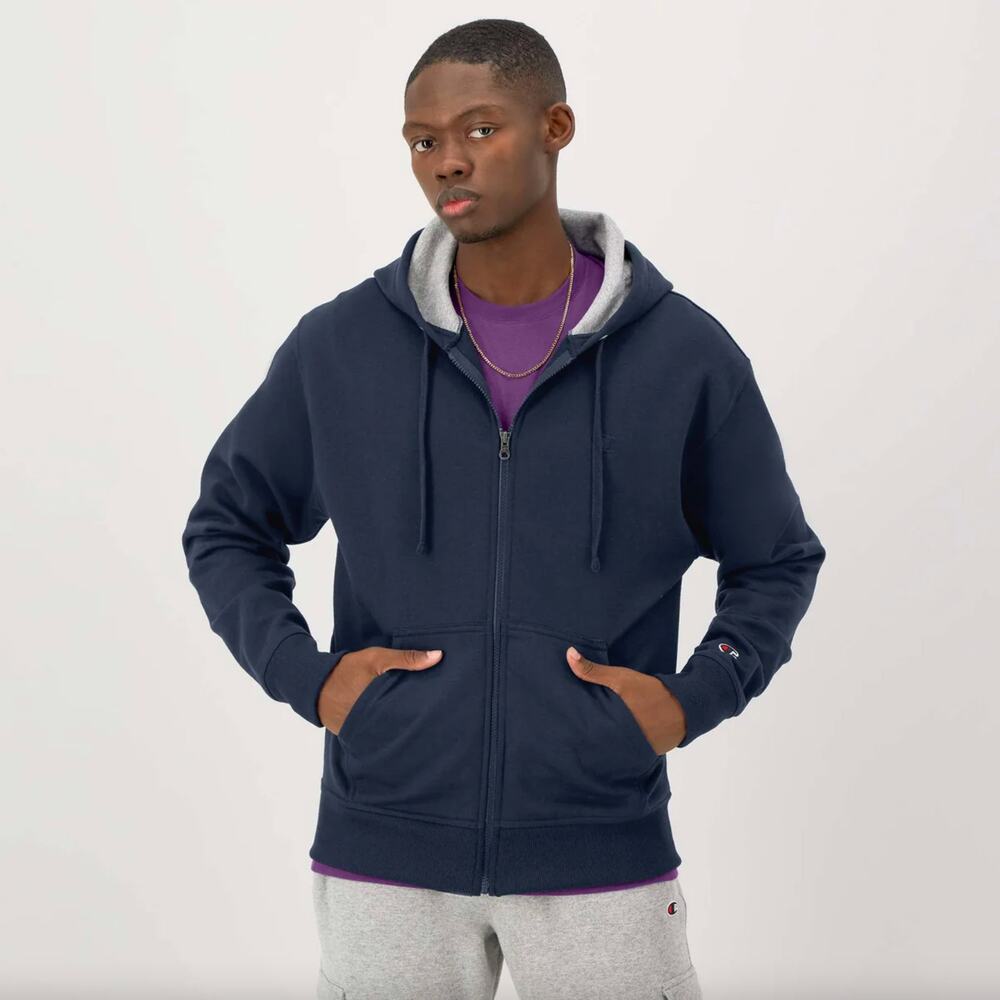 Champion Powerblend Full-Zip Hoodie C Logo Navy Blue Medium Fleece Pullover